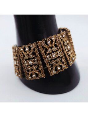 Gold-Tone Filigree & Rhinestone Stretch Bracelet 1-1/8" Wide Vintage 1960s